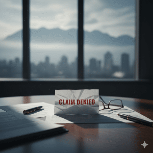 A denied disability claim letter on a law firm desk with a blurred Vancouver skyline background, representing long-term disability legal services in BC